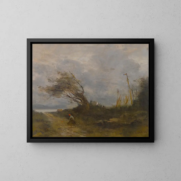 Un golpe de viento en la orilla del mar - Jean-Baptiste-Camille Corot — cuadro enmarcado en la pared