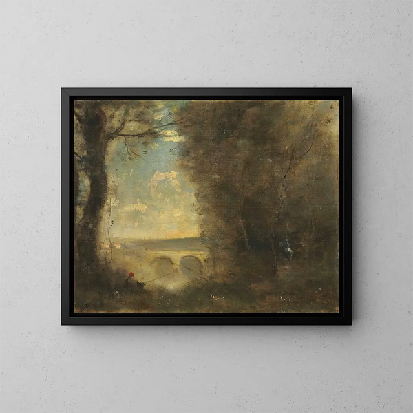 Un pescador con caña, recuerdo del puente de Mantes - Jean-Baptiste-Camille Corot — cuadro enmarcado en la pared