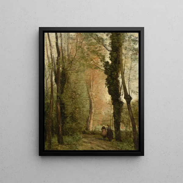 Un camino bajo los árboles en primavera - Jean-Baptiste-Camille Corot — cuadro enmarcado en la pared