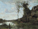 Un campesino y su vaca, el estanque con vista a un pueblo - Jean-Baptiste-Camille Corot — vista de la obra