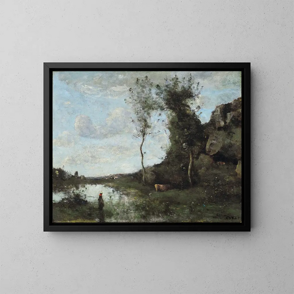 Un campesino y su vaca, el estanque con vista a un pueblo - Jean-Baptiste-Camille Corot — cuadro enmarcado en la pared