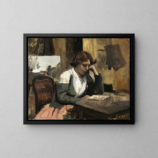 a Woman Reading in the Studio - Jean-Baptiste-Camille Corot — framed artwork on a wall