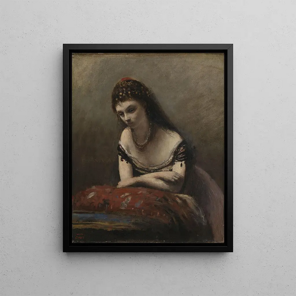 joven mujer apoyada en un cojín - Jean-Baptiste-Camille Corot — cuadro enmarcado en la pared