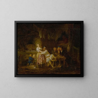 JeanBaptiste Leprince - A group of figures gathered in a tavern with a barmaid and lustful patron at center.webp