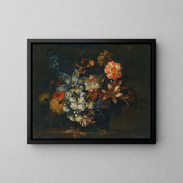 naturaleza muerta con lirios, madreselva y otras flores en un jarrón sobre un alféizar - Jean-Baptiste Monnoyer — cuadro enmarcado en la pared