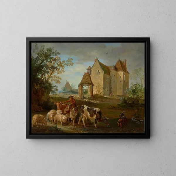 Un paisaje con un pastor conduciendo animales al pasto, un castillo a lo lejos - Jean-Baptiste Oudry — cuadro enmarcado en la pared
