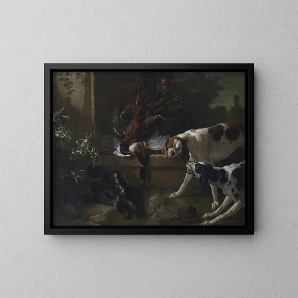 perros con caza y aves silvestres - Jean-Baptiste Oudry — cuadro enmarcado en la pared