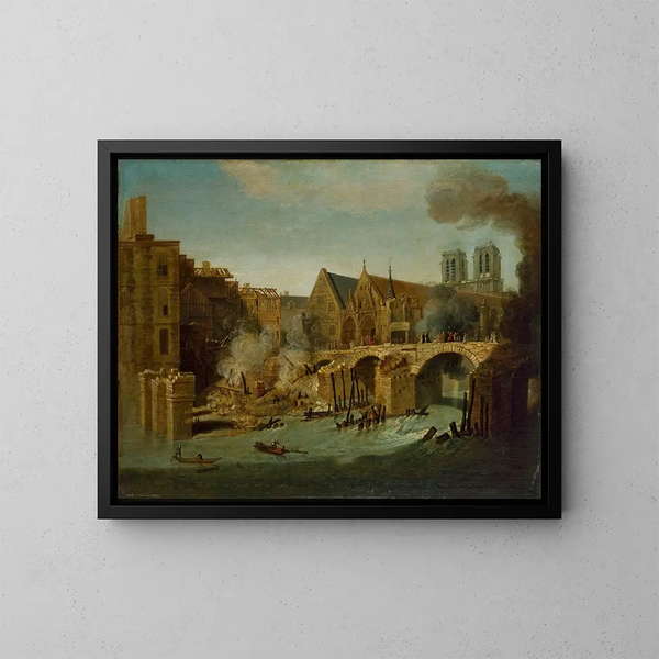 El pequeño puente después del incendio de 1718 - Jean-Baptiste Oudry — cuadro enmarcado en la pared