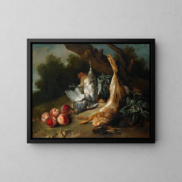 naturaleza muerta con caza muerta y melocotones en un paisaje - Jean-Baptiste Oudry — cuadro enmarcado en la pared