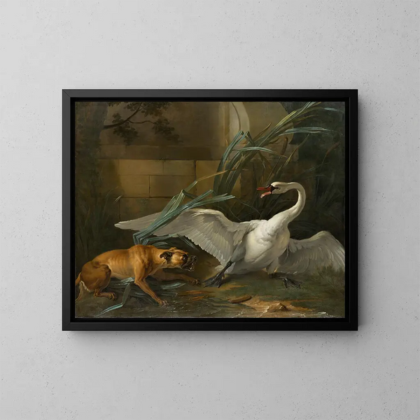 Cygne atacado por un perro - Jean-Baptiste Oudry — cuadro enmarcado en la pared