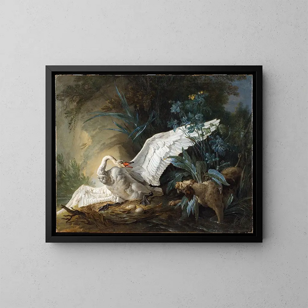 Un perro de agua sorprendente a un cisne en su nido - Jean-Baptiste Oudry — cuadro enmarcado en la pared