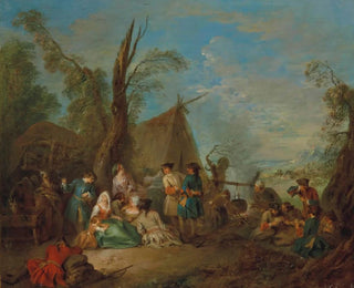 JeanBaptiste Pater - Soldiers And Vivandires Cooking And Resting Around A Campfire A Wagon And A Tent Beyond.webp