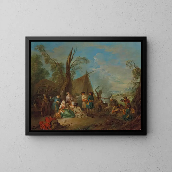 Soldiers and Camp Followers Cooking and Resting Around a Campfire, a Cart and a Tent in the Distance - Jean-Baptiste Pater — framed artwork on a wall