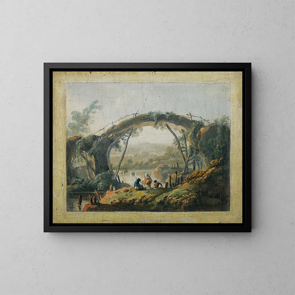 Una pareja de paisajes fluviales con figuras acercándose a un puente - Jean-Baptiste Pillement — cuadro enmarcado en la pared
