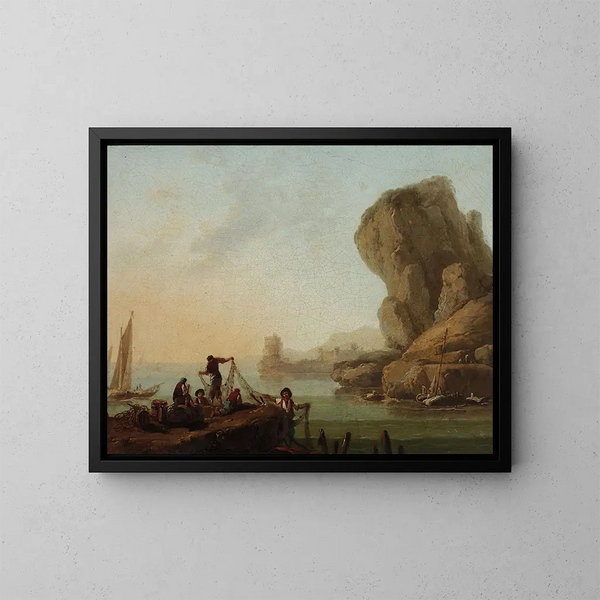 Pintores sacando redes en la orilla del mar - Jean-Baptiste Pillement — cuadro enmarcado en la pared