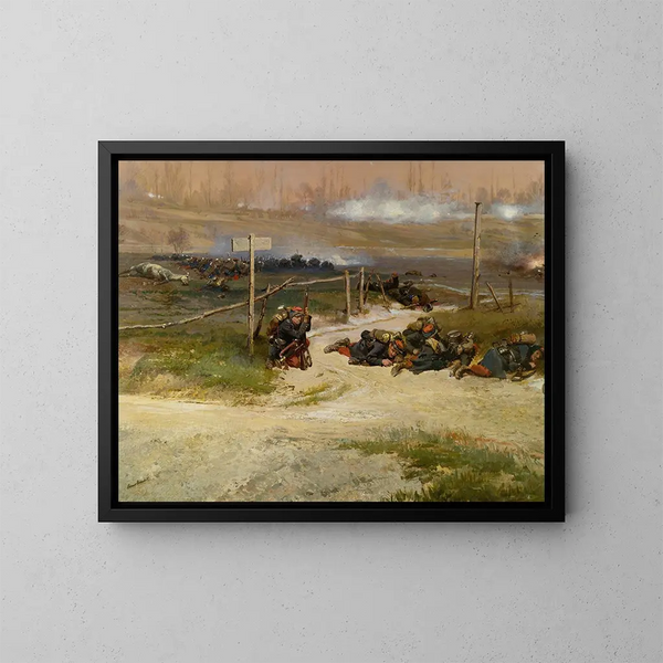 En el pie del poste, fragmento del panorama de la batalla de Champigny - Jean-Baptiste Édouard Detaille — cuadro enmarcado en la pared