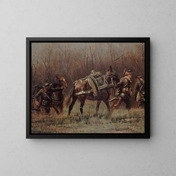 Escena militar con mulas de ambulancia, fragmento del panorama de Champigny - Jean-Baptiste Édouard Detaille — cuadro enmarcado en la pared