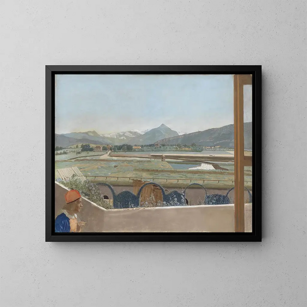 Vista del macizo del Mont Blanc desde el taller de los artistas en Ginebra con un autorretrato - Jean-Étienne Liotard — cuadro enmarcado en la pared
