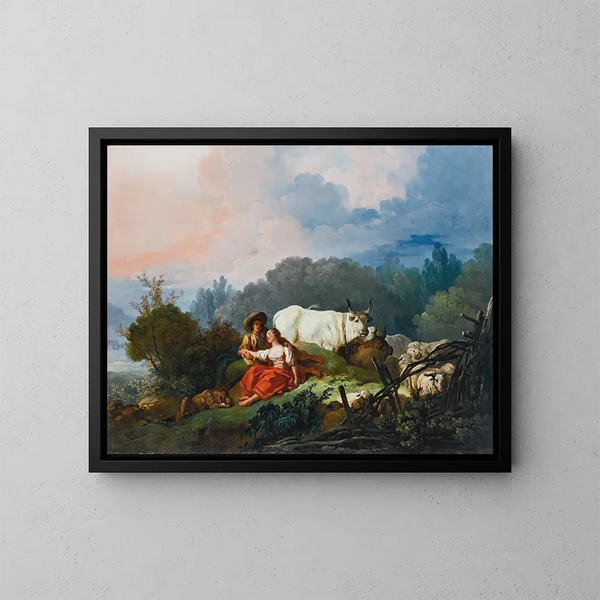 Pastoral landscape painting with a shepherd and a shepherdess resting - Jean-Honoré Fragonard — framed artwork on a wall