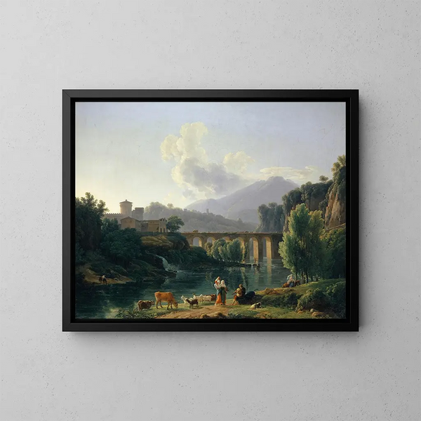 Roman landscape painting with viaduct - Jean-Joseph-Xavier Bidauld — framed artwork on a wall