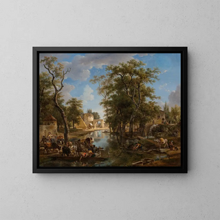 JeanLouis Demarne - A lively canal scene with ferries and boats conveying townspeople and animals.webp