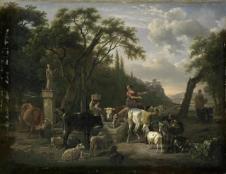 JeanLouis Demarne - Italian Landscape with Shepherds and Animals at a Fountain.webp