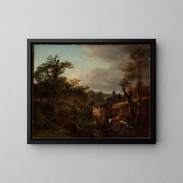 Landscape painting with a waterfall - Jean-Louis Demarne — framed artwork on a wall