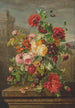Rosas, amapolas, madreselva y polyanthus en un jarrón sobre un alféizar de piedra - Jean-Pierre Lays — vista de la obra