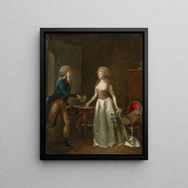 JeanSimon Fournier - A young man presenting a lady with a bouquet of flowers in an interior.webp