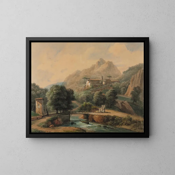 Paisaje italiano, la abadía y los religiosos - Jean-Victor Bertin — cuadro enmarcado en la pared