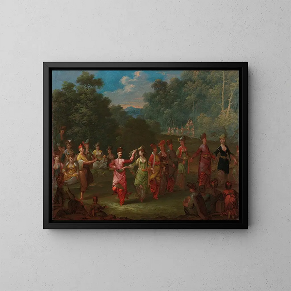 Greek men and women dancing the khorra - Jean-Baptiste Vanmour — framed artwork on a wall