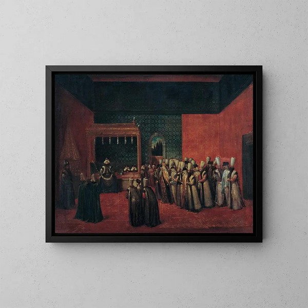 Sultan Ahmed III receiving a European ambassador - Jean-Baptiste Vanmour — framed artwork on a wall