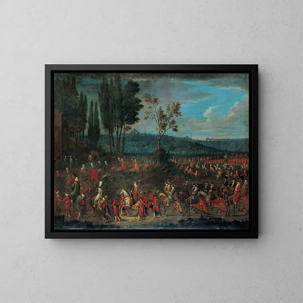 The Procession of the Ambassadors - Jean-Baptiste Vanmour — framed artwork on a wall