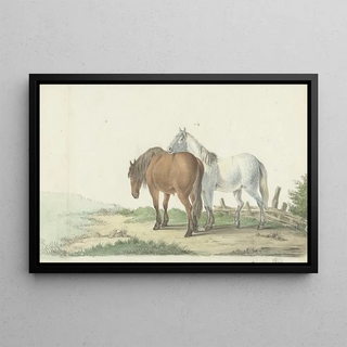Jean Bernard - Een bruin en wit paard op een weg naast een hek.webp
