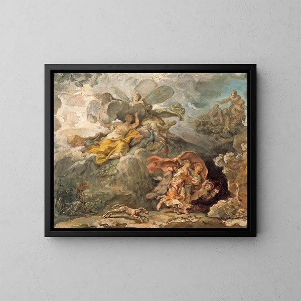 Æneas and Dido fleeing the storm - Jean-Bernard Restout — framed artwork on a wall