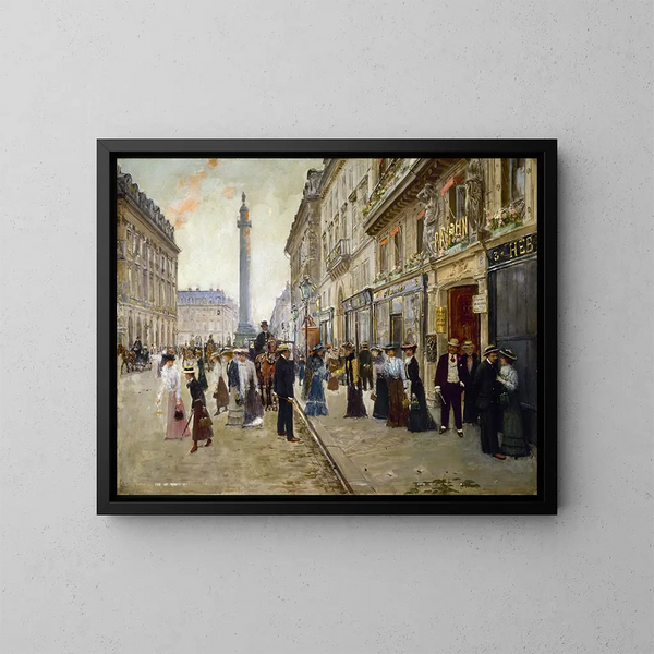 "Sortie des ouvrières de la maison Paquin" by Jean Béraud — framed artwork on a wall