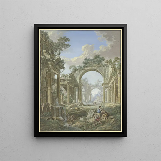 Jean Franois Gout - Rmische Ruinen links ein Brunnen mit Staffage.webp