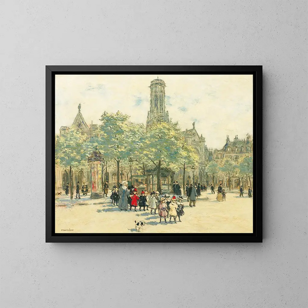 Niñas paseando por la plaza del Louvre - Jean François Raffaëlli — cuadro enmarcado en la pared