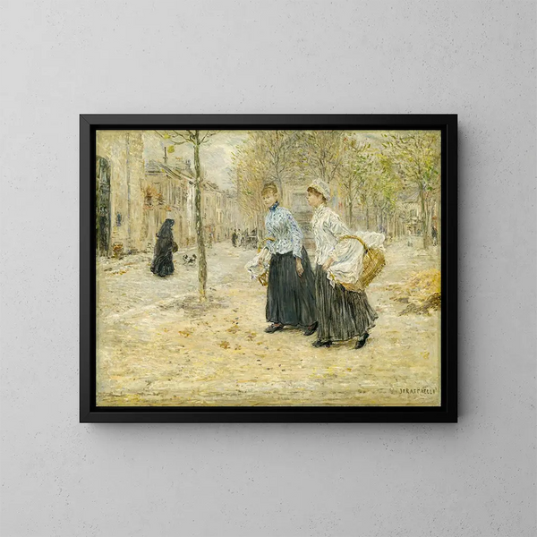 Dos lavadoras atravesando un pequeño parque en París - Jean François Raffaëlli — cuadro enmarcado en la pared
