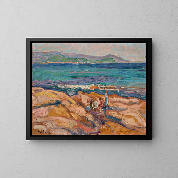 Côte rocheuse avec des personnages - Jean Misceslas Peské — framed artwork on a wall