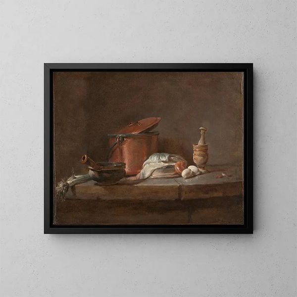 utensilios de cocina con puerros, pescado y huevos - Jean Siméon Chardin — cuadro enmarcado en la pared