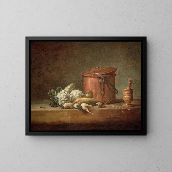 Marmita de cobre, coliflores y triturador con su pilón sobre un entablamento - Jean Siméon Chardin — cuadro enmarcado en la pared