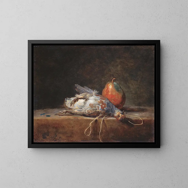 Naturaleza muerta con perdiz y pera - Jean Siméon Chardin — cuadro enmarcado en la pared
