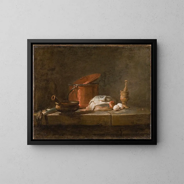 Naturaleza muerta con utensilios de cocina y verduras - Jean Siméon Chardin — cuadro enmarcado en la pared