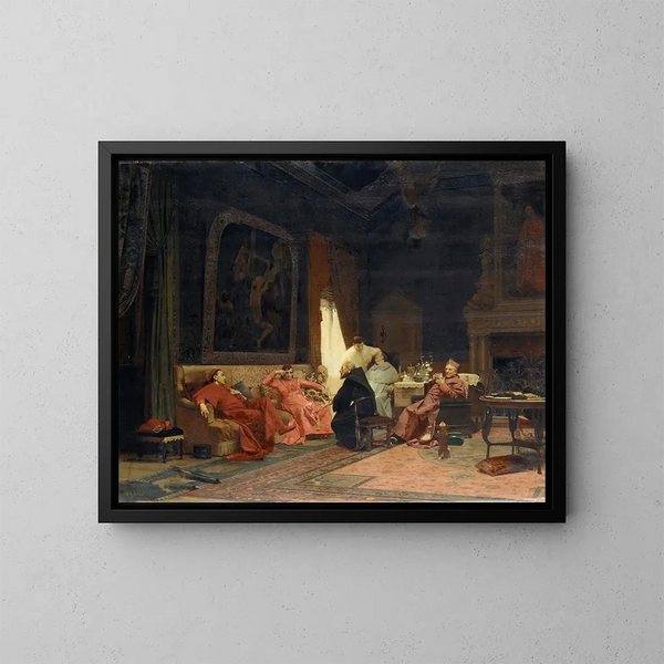 Las aventuras del misionero - Jehan Georges Vibert — cuadro enmarcado en la pared