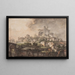 View of the Romanesque with wall in the foreground, church and ruin in the background - Jens Petersen Lund — framed artwork on a wall