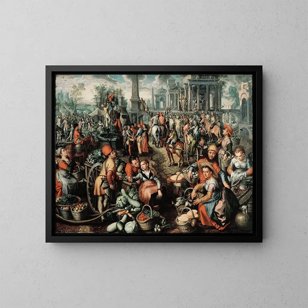 Market scene, Ecce Homo, Flagellation and Carrying of the cross - Joachim Beuckelaer — framed artwork on a wall