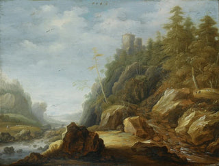 Joachim Govertsz Camphuysen - A Rocky Mountain Landscape With A Stronghold On A Hill Top Shepherds With Their Flock Beyond.webp