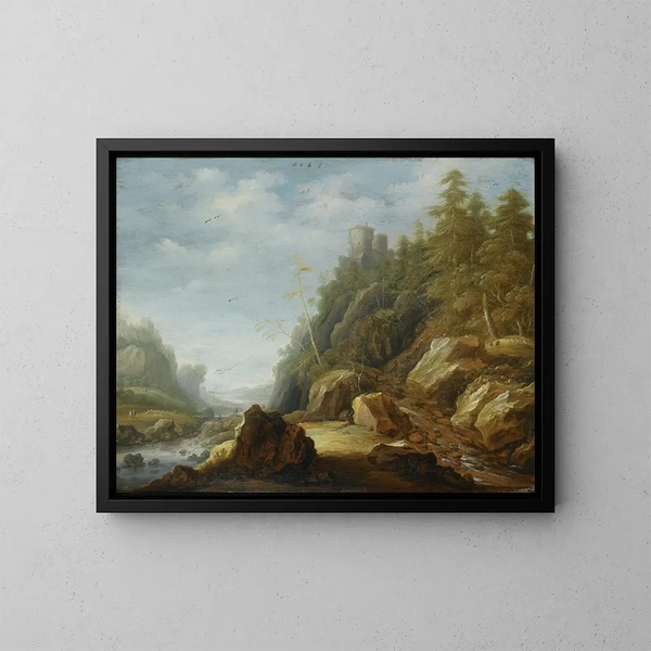 Un paisaje de las montañas Rocosas con un fuerte en una colina, pastores con su rebaño más allá - Joachim Govertsz Camphuysen — cuadro enmarcado en la pared