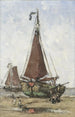 Barco de pesca con proa en acantilado en la playa - Joannes Barnardus Antonius Maria Westerwoudt — vista de la obra